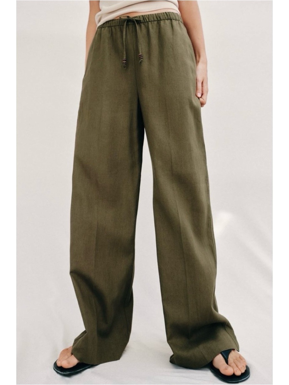 NWT Zara Size M Olive Green Linen Blend Straight Leg Pull-On Pants